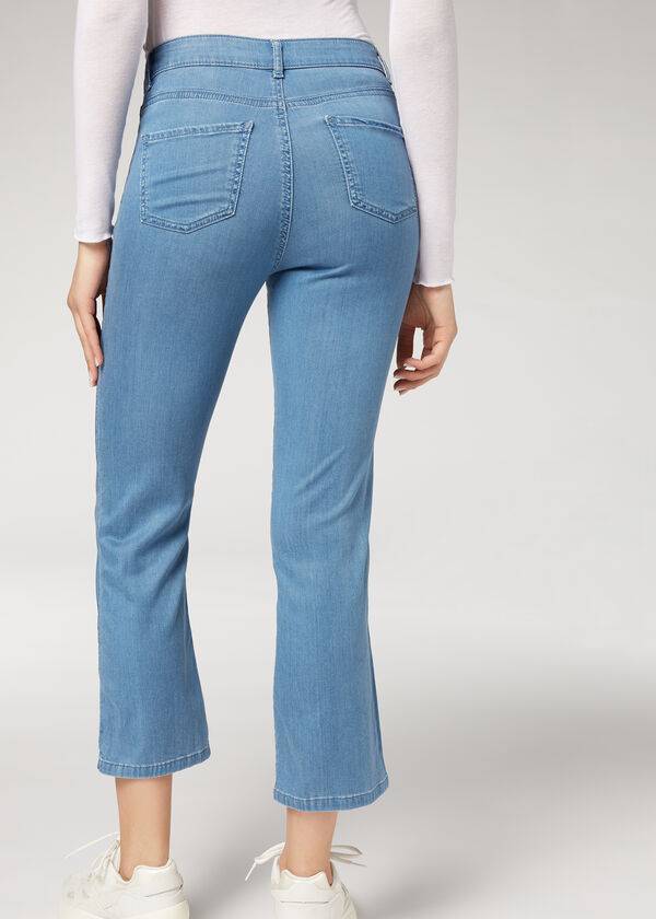 Ženske lahke razširjene skrajšane kavbojke calzedonia eco modre barve