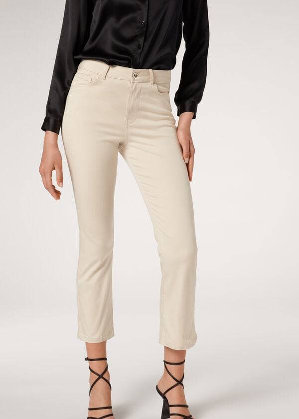 Ženske kavbojke calzedonia eco light flared cropped denim rjavebež barve