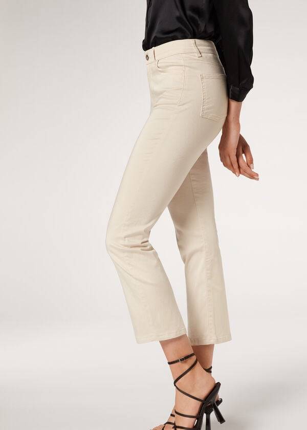 Ženske kavbojke calzedonia eco light flared cropped denim rjavebež barve