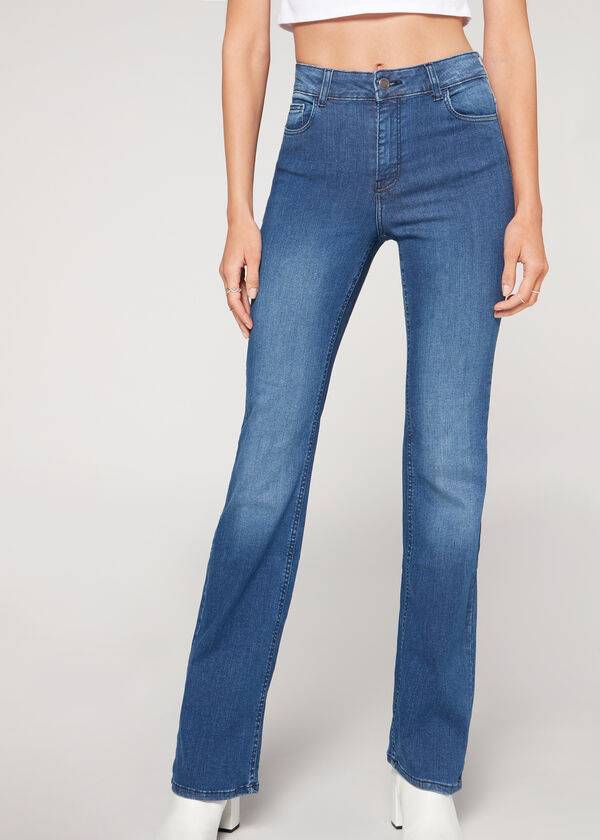 modre ženske kavbojke z visokim pasom calzedonia super flex denim