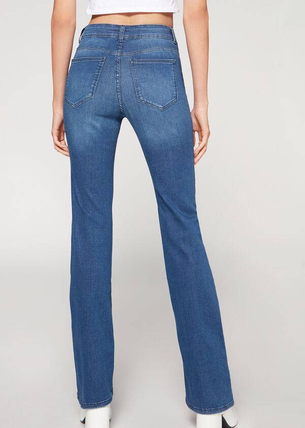 modre ženske kavbojke z visokim pasom calzedonia super flex denim