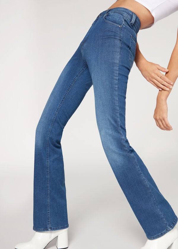 modre ženske kavbojke z visokim pasom calzedonia super flex denim