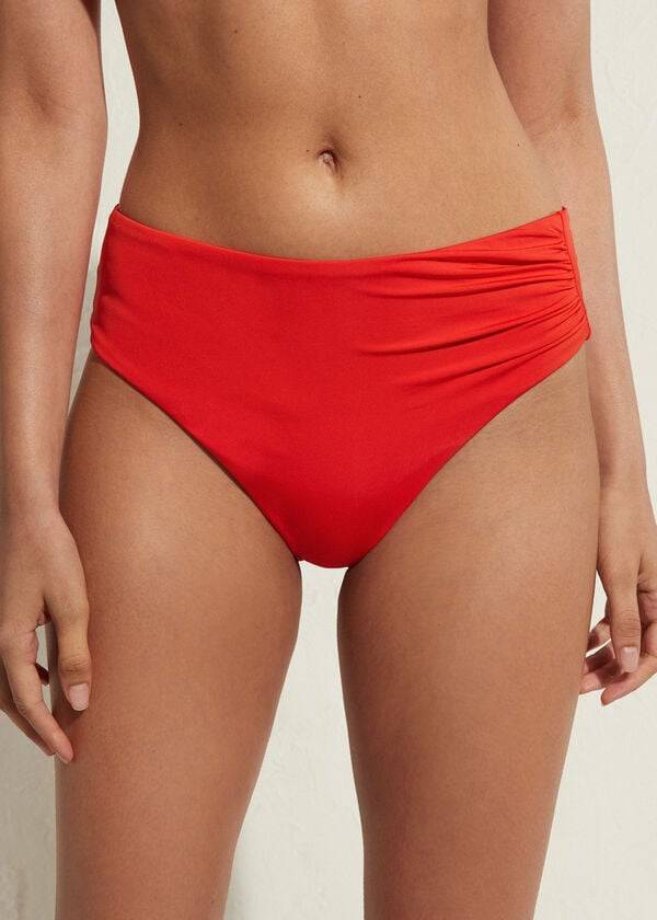 Ženski bikini spodnji del calzedonia z visokim pasom eko rdeč