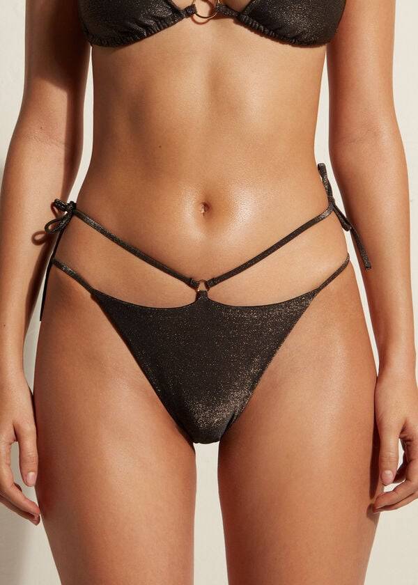 Ženski bikini spodnji del calzedonia lamé brazilski s stranskimi stringi hollywood črne barve