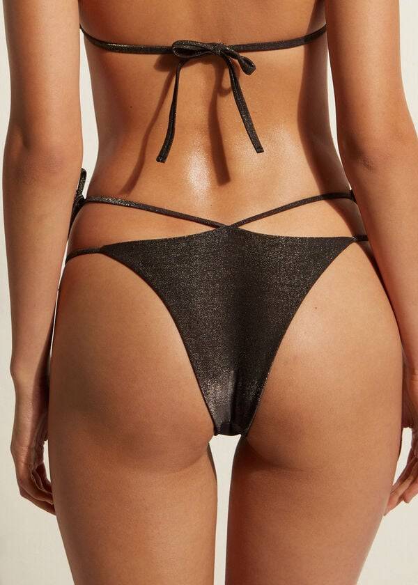 Ženski bikini spodnji del calzedonia lamé brazilski s stranskimi stringi hollywood črne barve