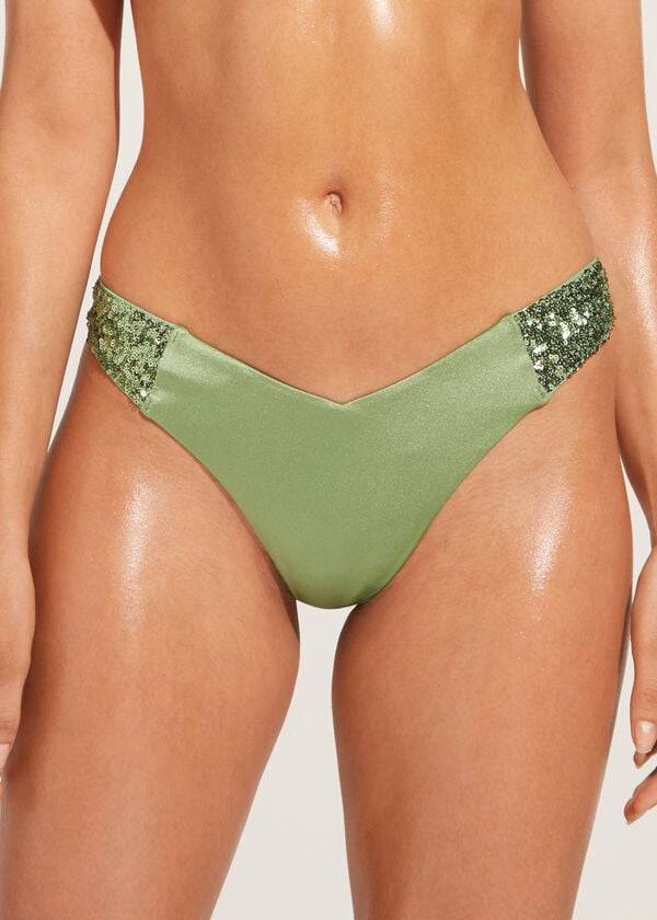 zeleni ženski bleščeči spodnji del bikinija calzedonia z visokim izrezom in brazilsko barvo cannes