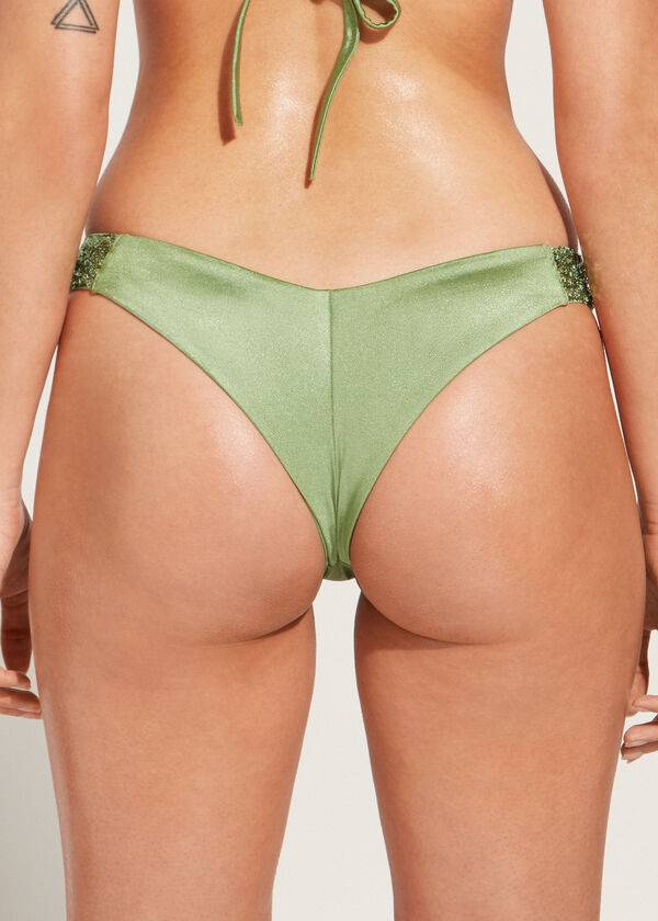 zeleni ženski bleščeči spodnji del bikinija calzedonia z visokim izrezom in brazilsko barvo cannes