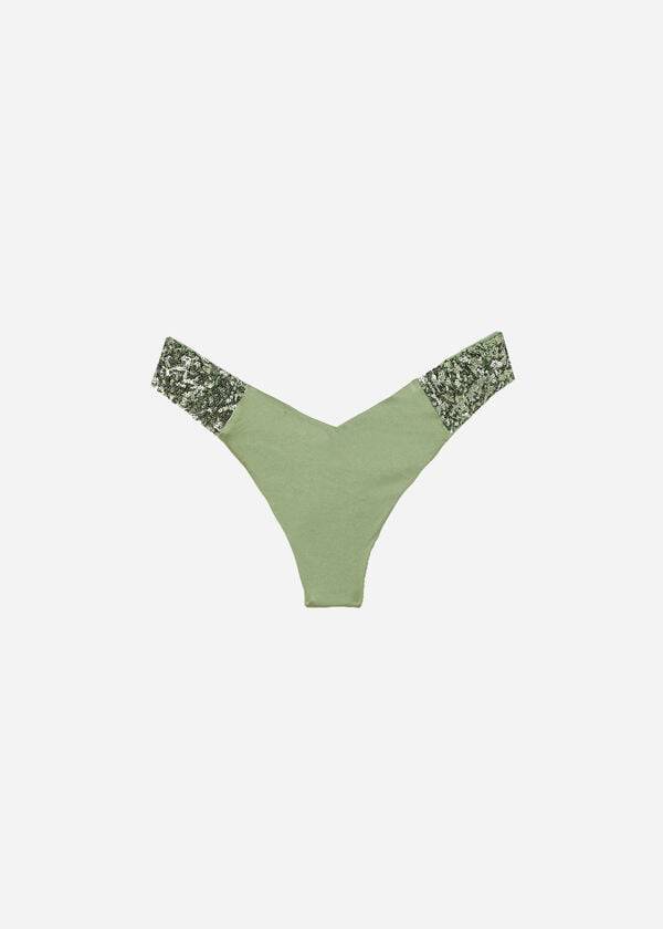 zeleni ženski bleščeči spodnji del bikinija calzedonia z visokim izrezom in brazilsko barvo cannes