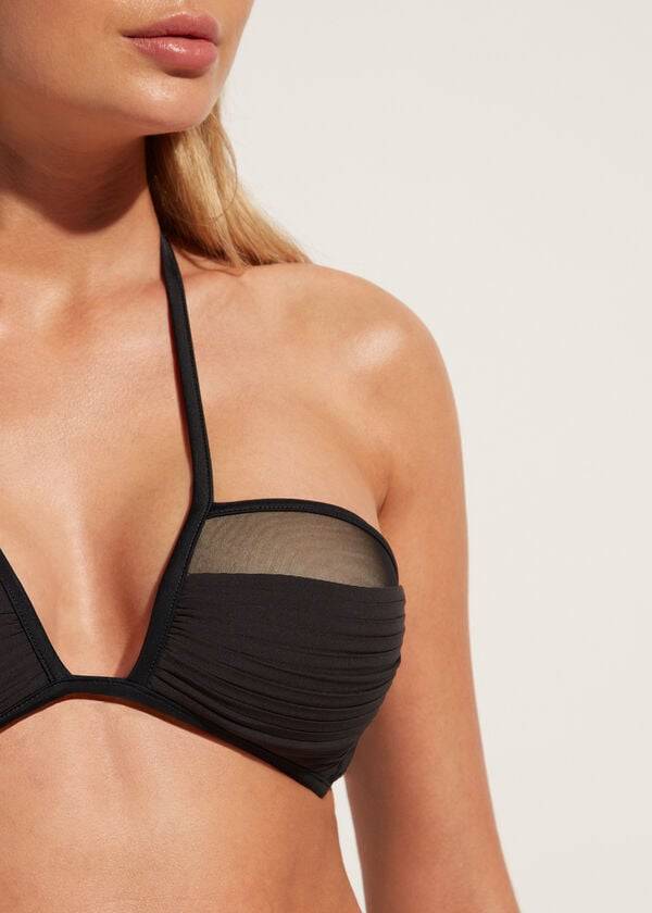 Ženski zgornji del bikinijev calzedonia bandeau z rahlim podplatom tokyo črne barve