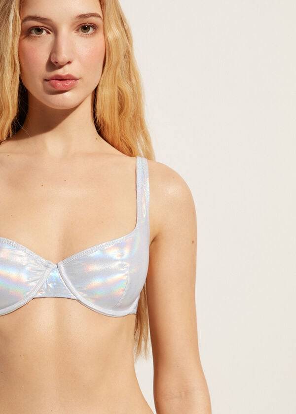 Ženski zgornji del bikinijev calzedonia z učinkom premaza balconette daytona srebrne barve
