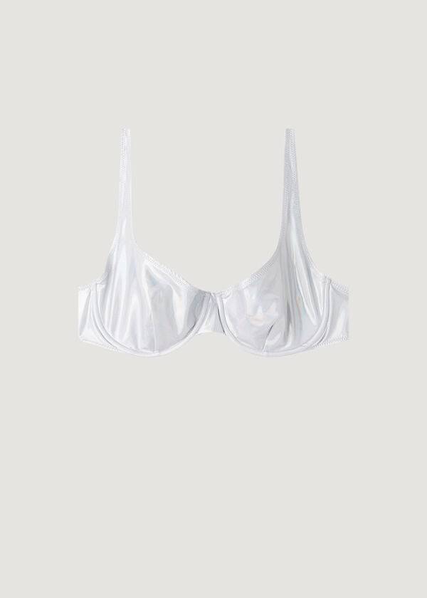 Ženski zgornji del bikinijev calzedonia z učinkom premaza balconette daytona srebrne barve