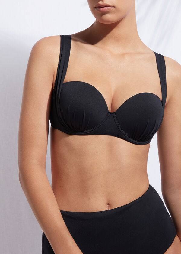 Ženski zgornji del bikinijev calzedonia indonesia push-up bandeau črne barve