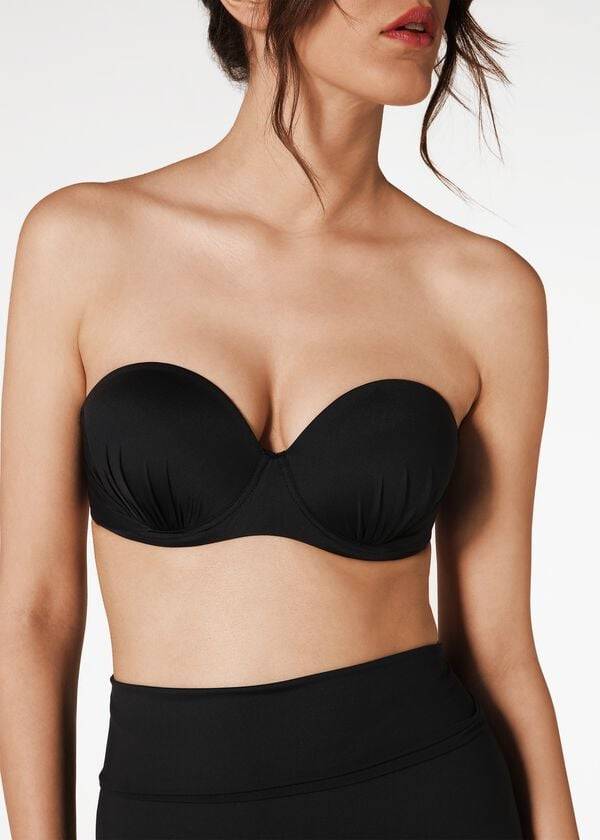 Ženski zgornji del bikinijev calzedonia indonesia push-up bandeau črne barve