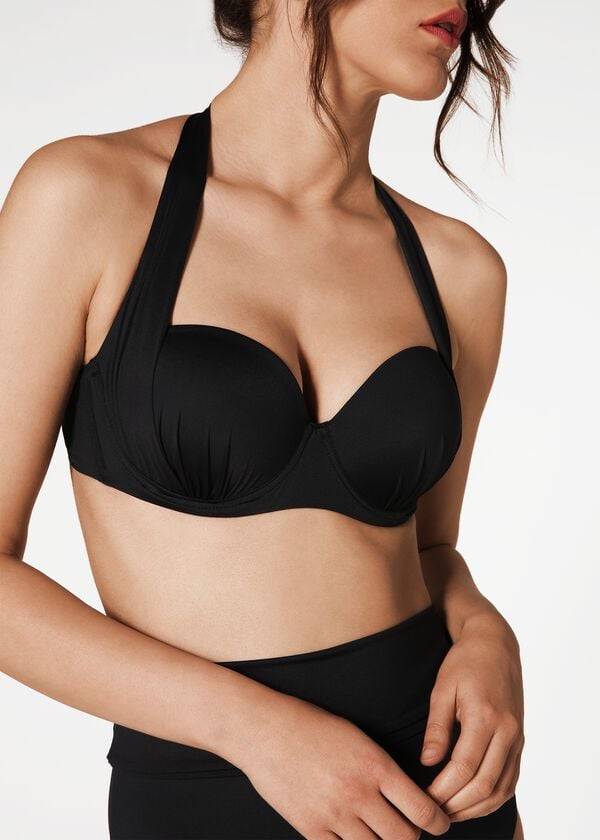 Ženski zgornji del bikinijev calzedonia indonesia push-up bandeau črne barve