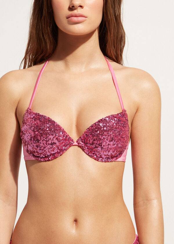 Ženski zgornji del bikinijev calzedonia padded push-up cannes rosa roza