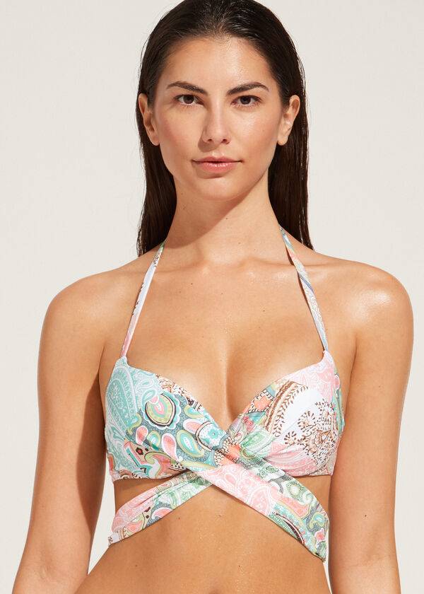 Ženski podložen zgornji del bikinija calzedonia push-up saint tropez moder