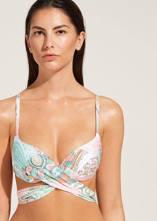Ženski podložen zgornji del bikinija calzedonia push-up saint tropez moder