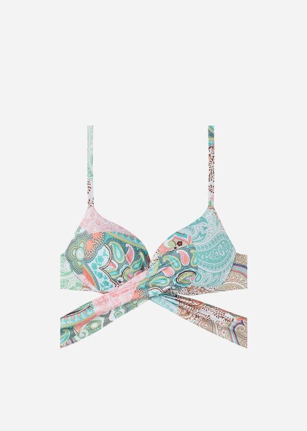 Ženski podložen zgornji del bikinija calzedonia push-up saint tropez moder